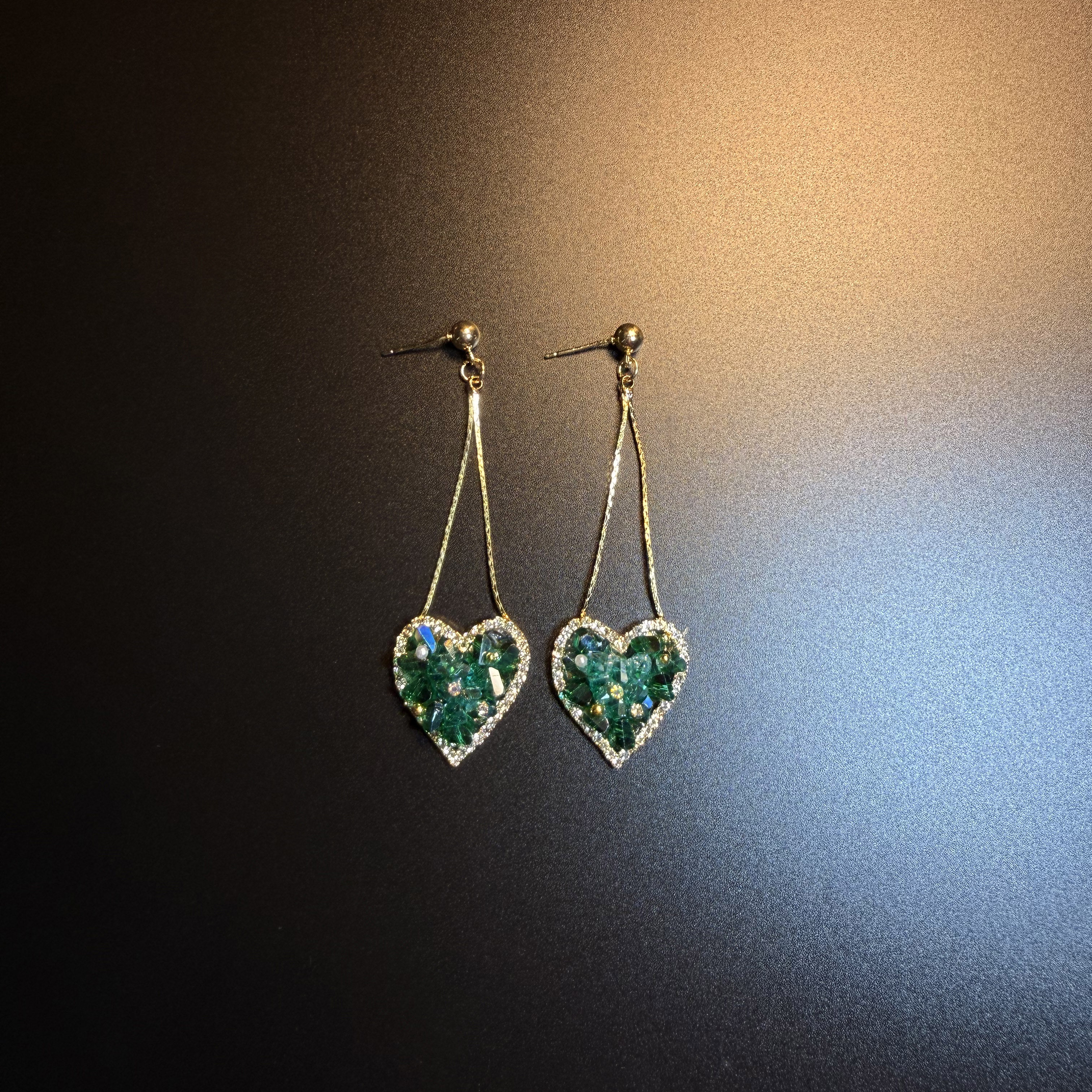 开花的橄榄 Vintage古着 Jade Heart绿色爱心长款耳钉 耳环 耳饰