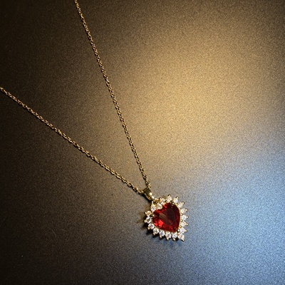 开花的橄榄 Vintage古着 Garnet Heart红色爱心项链 锁骨链