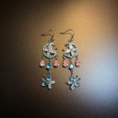 开花的橄榄 Vintage古着 Fairy Dangle蓝色蝴蝶流苏长款耳环 耳饰