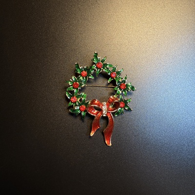 开花的橄榄 Vintage古着 Ruby Sprig红色圣诞花环蝴蝶结胸针