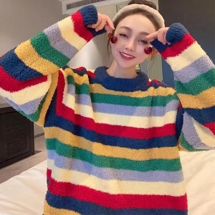 甜美彩虹色睡衣珊瑚绒家居服