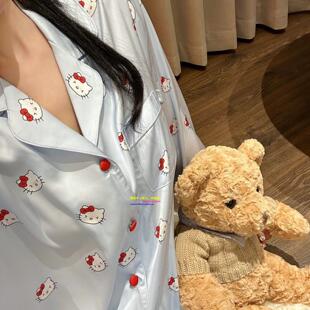日本GP春秋新款真丝睡衣女薄款凯蒂猫kitty长袖长裤可爱家居服KT