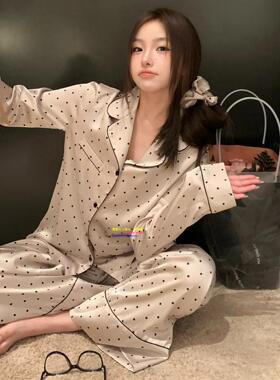 日本GP新款真丝睡衣女高级感波点印花春秋翻领开衫亲肤家居服软糯