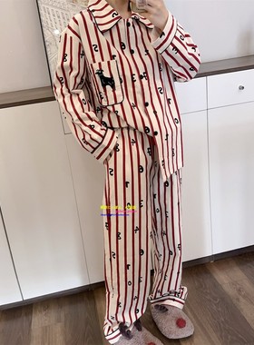 日本GP pique春秋纯棉睡衣女条纹情侣款卡通狗狗长袖网红风家居服