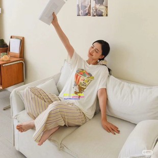 日本GP秋季新品款莫代短袖长裤条纹睡衣女卡通史努比印花家居服套