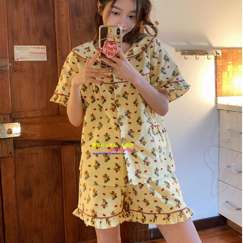 夏季女纯棉苹果小熊卡通短袖睡衣