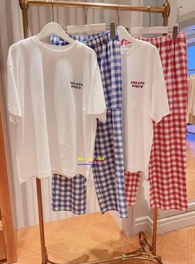 日本GP gelato pique春夏睡衣女新款冰激凌纯棉格子短袖家居服GP