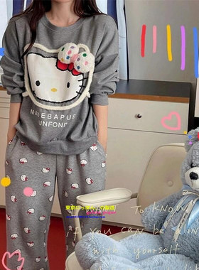 日本GP秋冬新款睡衣女卡通猫咪网红甜美凯蒂猫印花KT纯棉家居服套