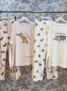 日本GP gelato pique春季莫代尔棉睡衣女卡通狗狗长袖家居服套装