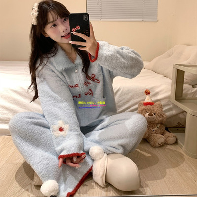 日本GP冬季软绵绵蓝色半边绒睡衣