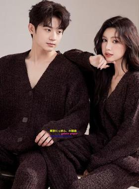 日本GP冬季软绵绵情侣睡衣女简约保暖开衫半边绒纯色加厚家居服男