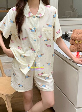 日本GP夏季腊肠狗小清新短裤短袖睡衣女翻领亲肤纯棉双层纱家居服