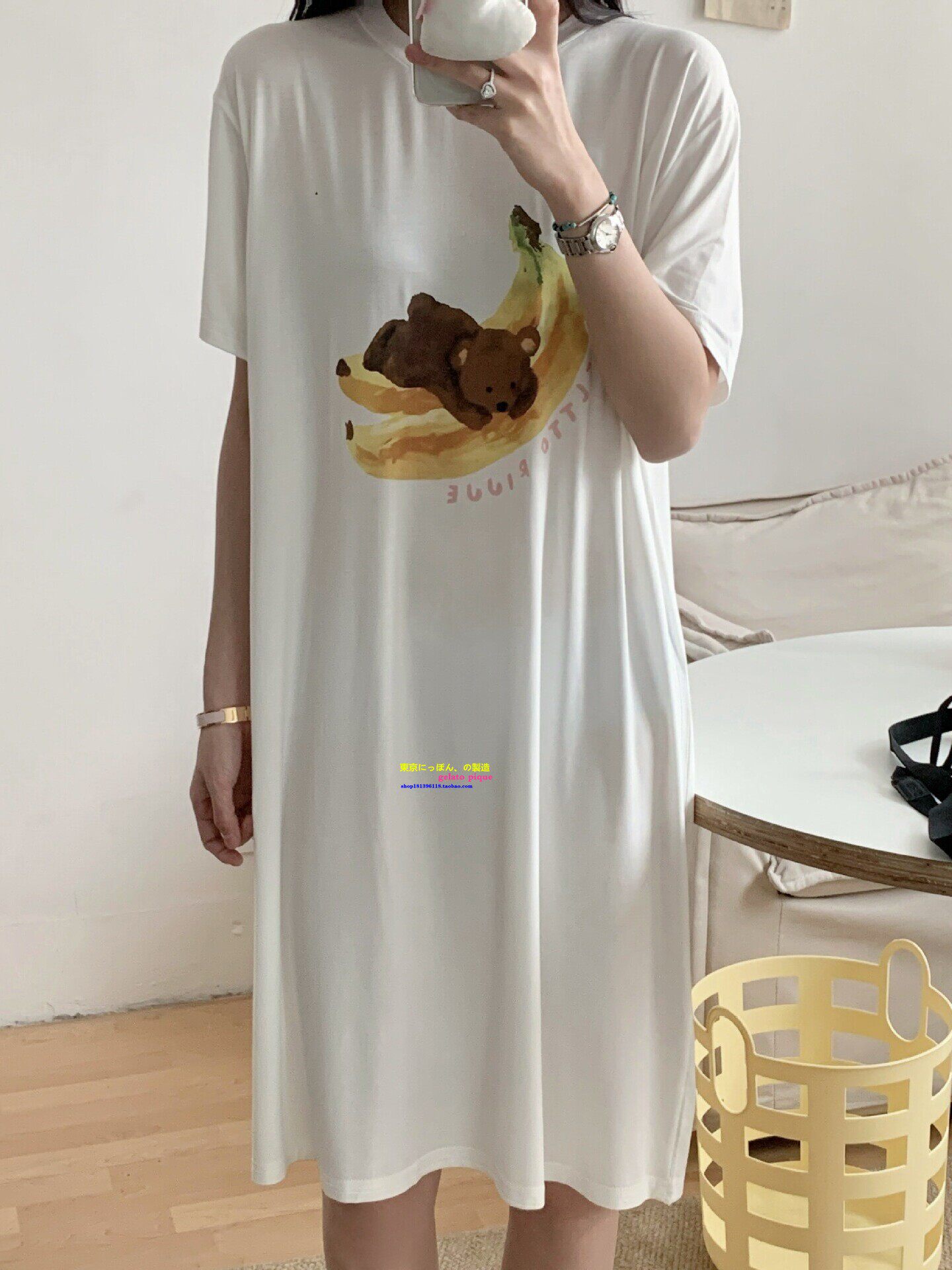 House夏季凉感亲肤莫代尔睡衣卡通西瓜小熊印花圆领休闲短袖睡裙