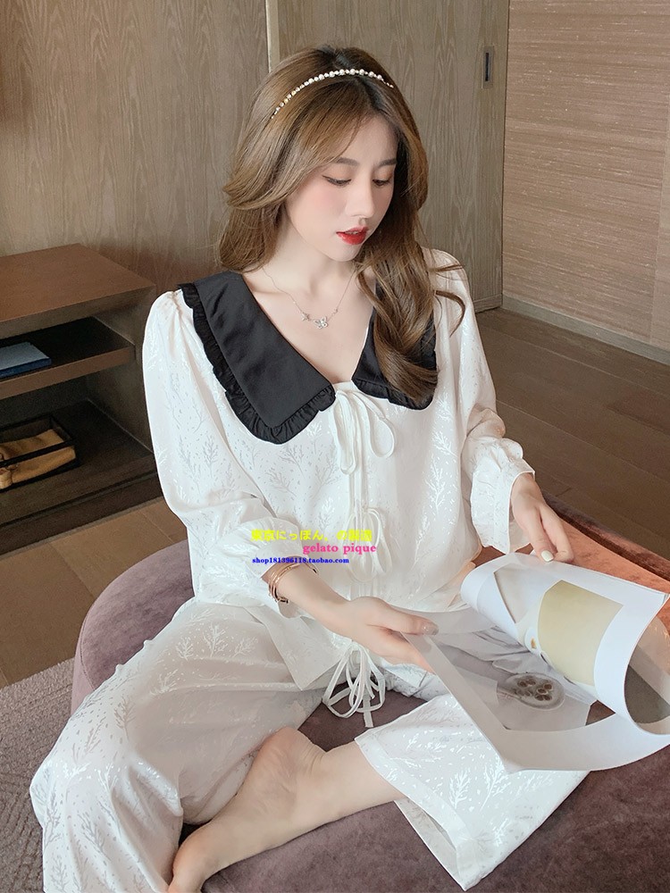 春秋款翻领缎面家居服真丝睡衣