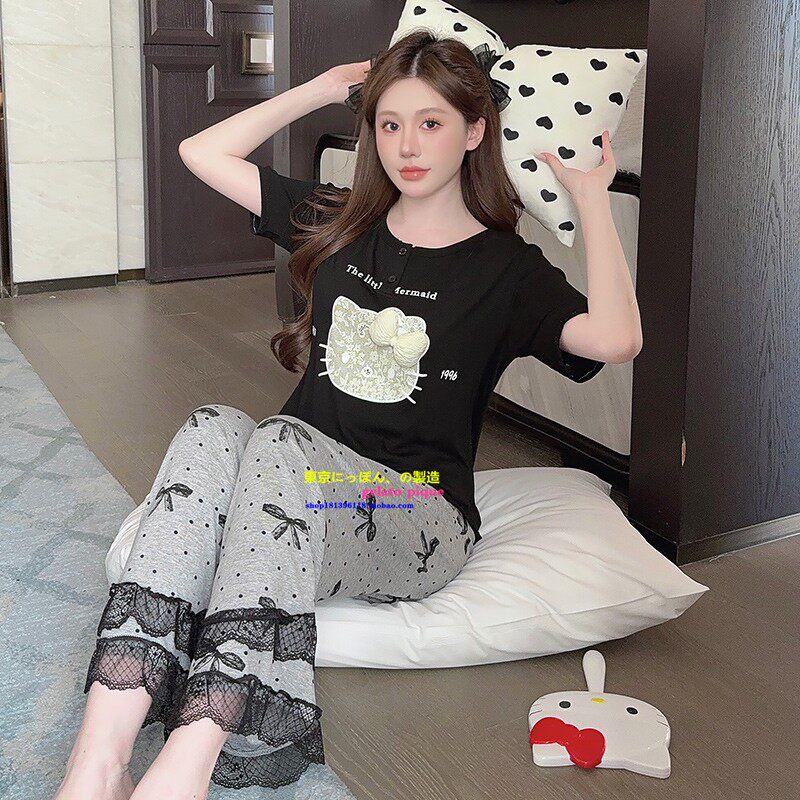 日本GP夏季短袖睡衣带胸垫黑色凯蒂猫KT卡通猫咪家居服套装可外穿