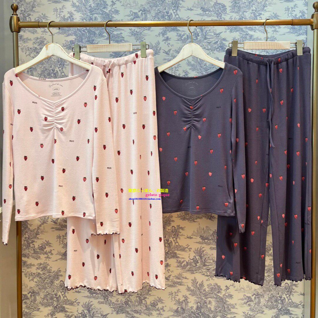 日本GP gelato pique新品莫代尔睡衣女甜美小草莓长袖家居服套装