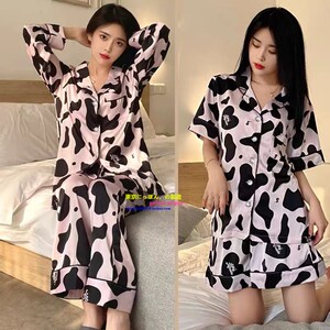 真丝绸奶牛纹睡衣薄款家居服套装