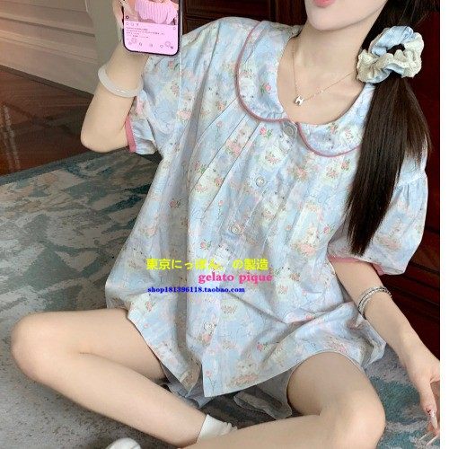 夏季短袖短裤带胸垫睡衣女家居服