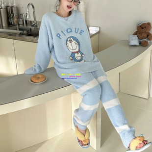 日本GP冬季软绵绵睡衣女卡通哆啦A梦半边绒保暖机器猫家居服套装