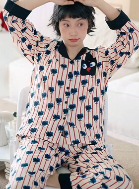 日本GP春夏季纯棉纱布爱心兔睡衣女士长袖长裤卡通家居服套装日系