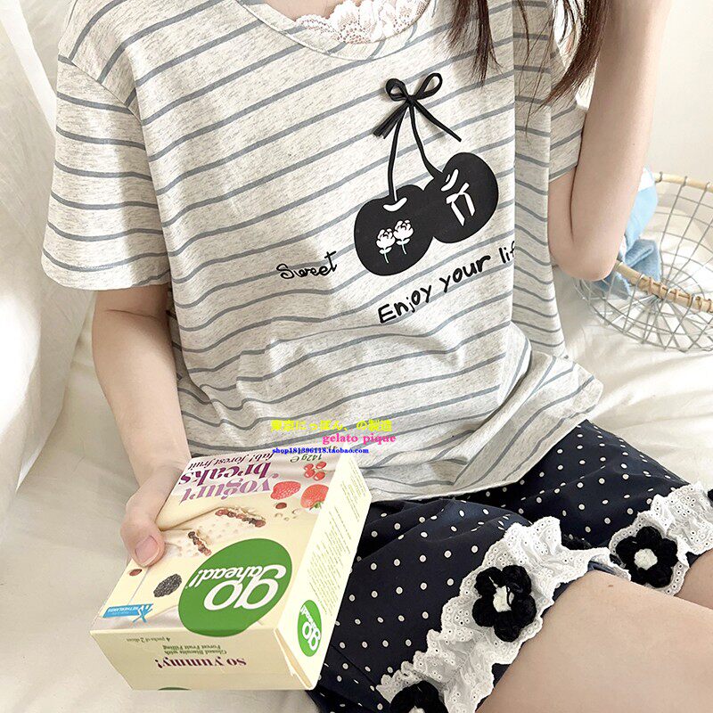 夏季可爱花边樱桃条纹纯棉家居服