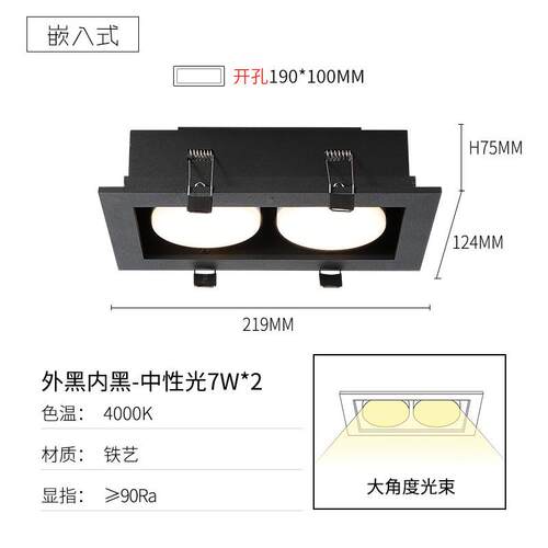 筒led天花斗胆客厅吊顶无主照明格栅射方形双头嵌入式