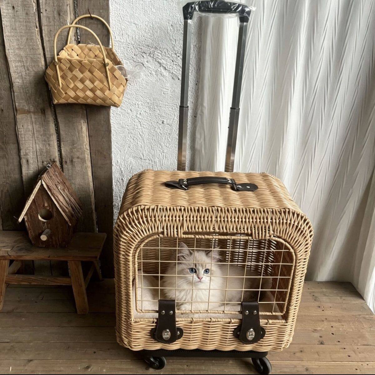 特价处理!方形猫咪外出拉杆箱仿藤编宠物拉杆箱猫窝便携猫咪透气