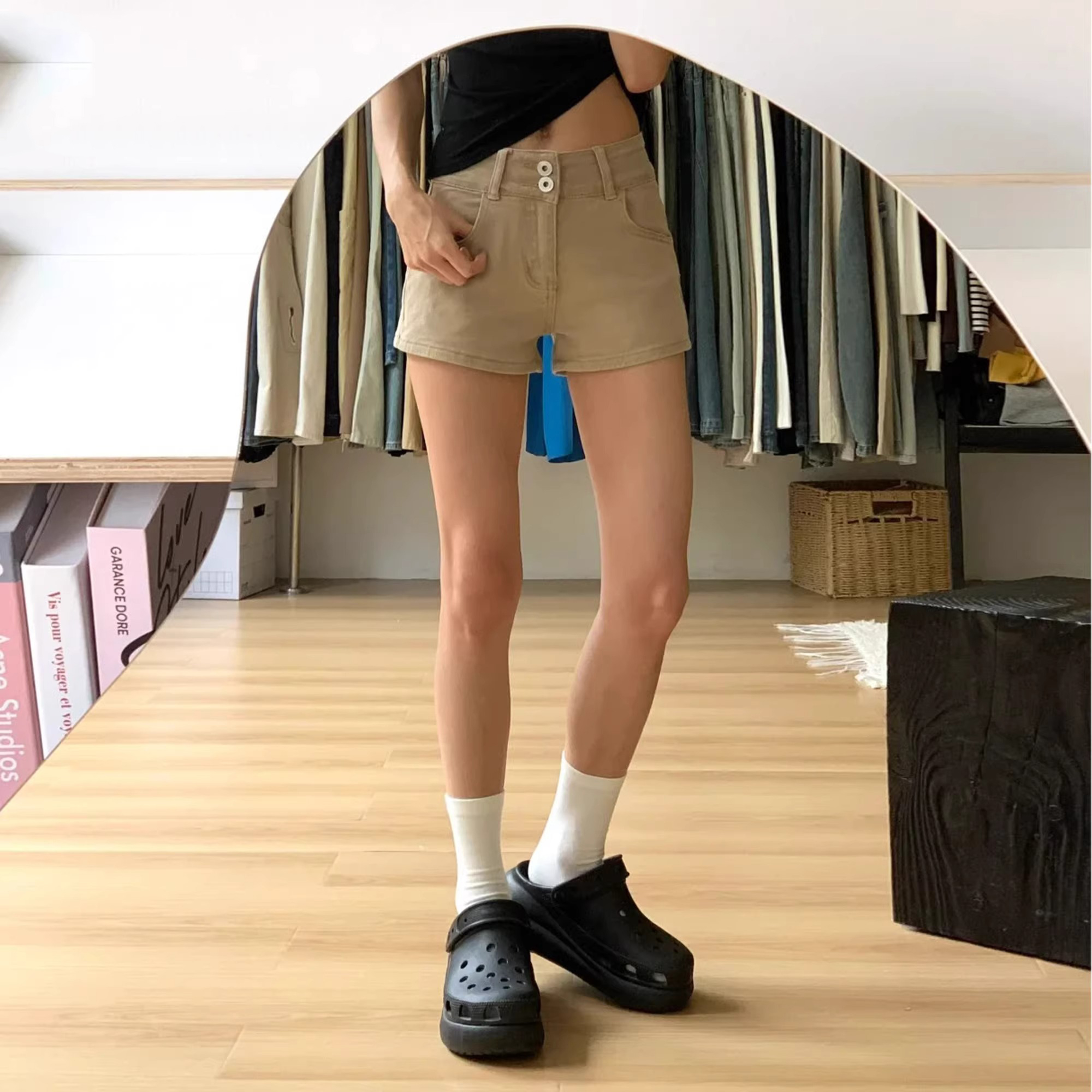 卡其色美式高腰牛仔短裤女2025夏季新款显瘦显高弹力紧身辣妹热裤