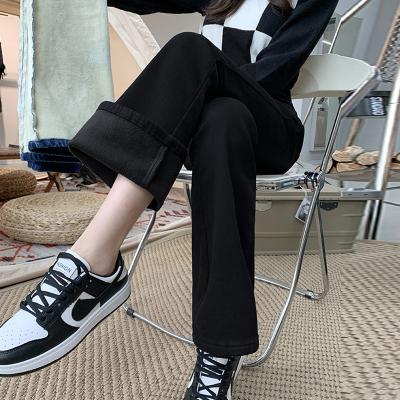 加绒加厚微喇牛仔裤女2024年新款秋冬季高腰宽松显瘦保暖阔腿裤子