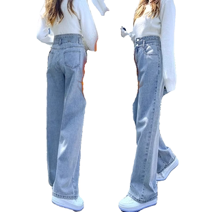 浅蓝色牛仔裤女2025年新款秋冬高腰宽松直筒小个子阔腿女裤子加绒
