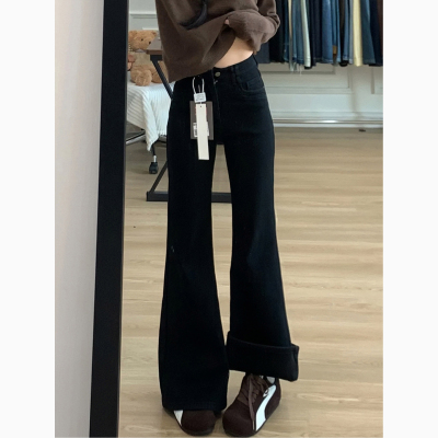加绒黑色高腰微喇牛仔裤女冬