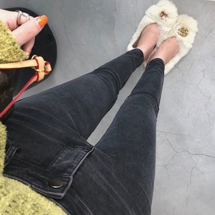 小个子紧身显瘦铅笔裤 高腰修身 女加绒2023年新款 烟灰色小脚牛仔裤