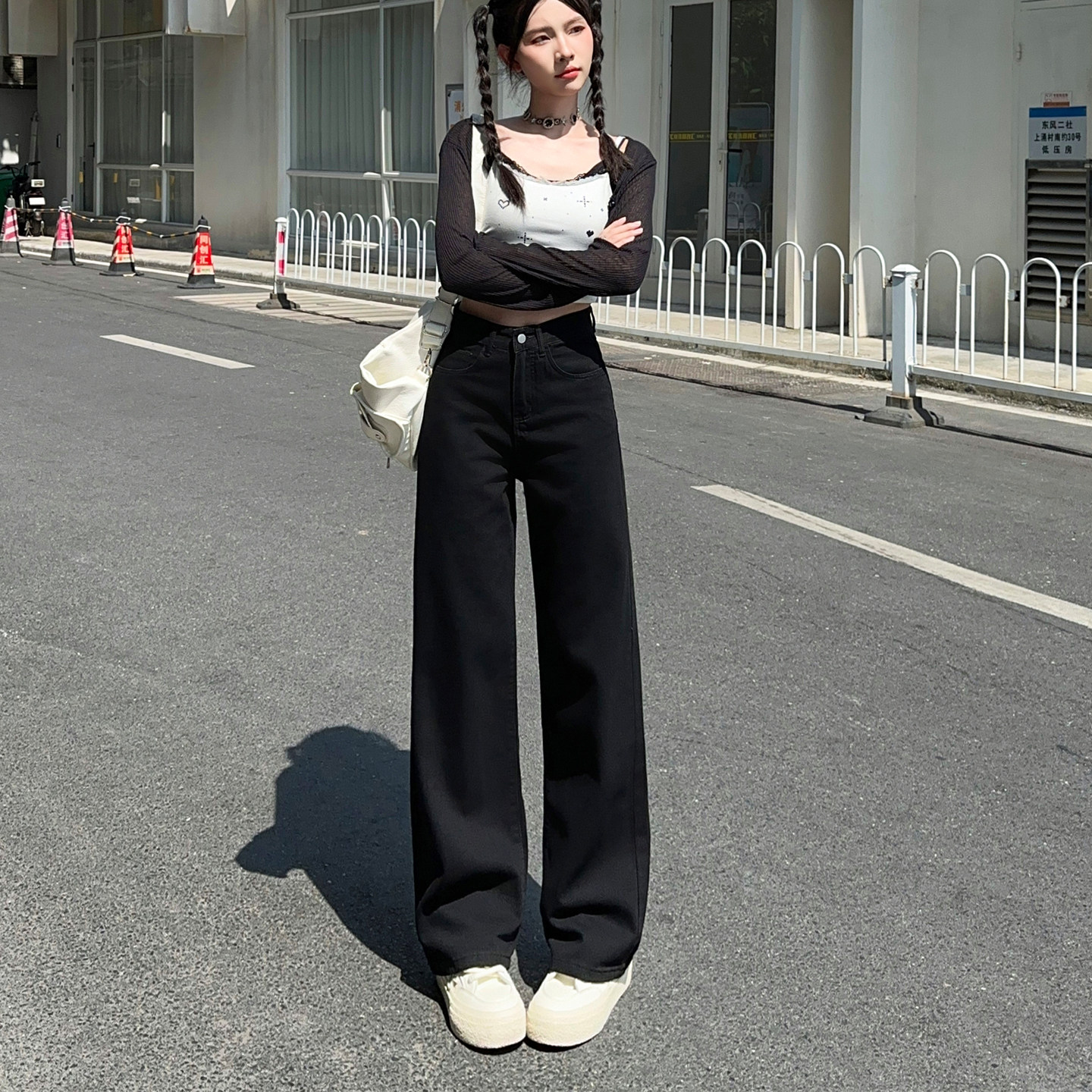 裤子黑色阔腿垂感拖地牛仔裤女时尚百搭小个子穿搭宽松显腿1023d