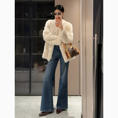 加绒加厚美式高腰微喇牛仔裤女