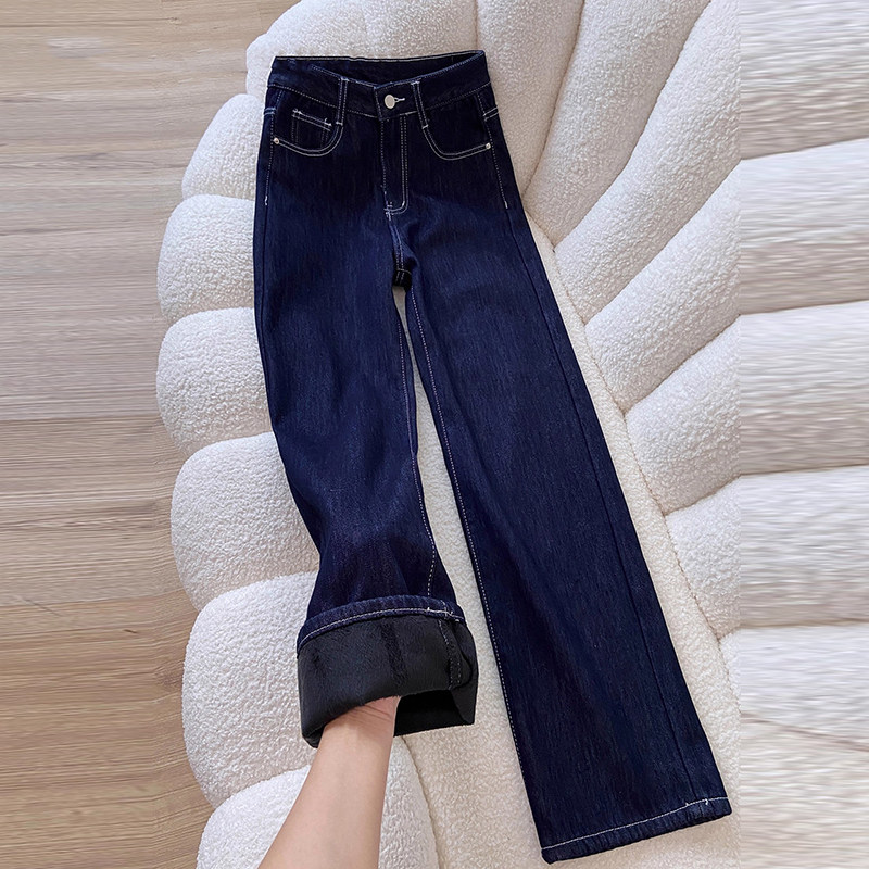 加绒加厚深蓝色阔腿牛仔裤女2025冬季新款高腰宽松垂感直筒拖地裤,女装/女士精品,牛仔裤,淘宝优惠券,粉丝福利购,淘宝优惠卷