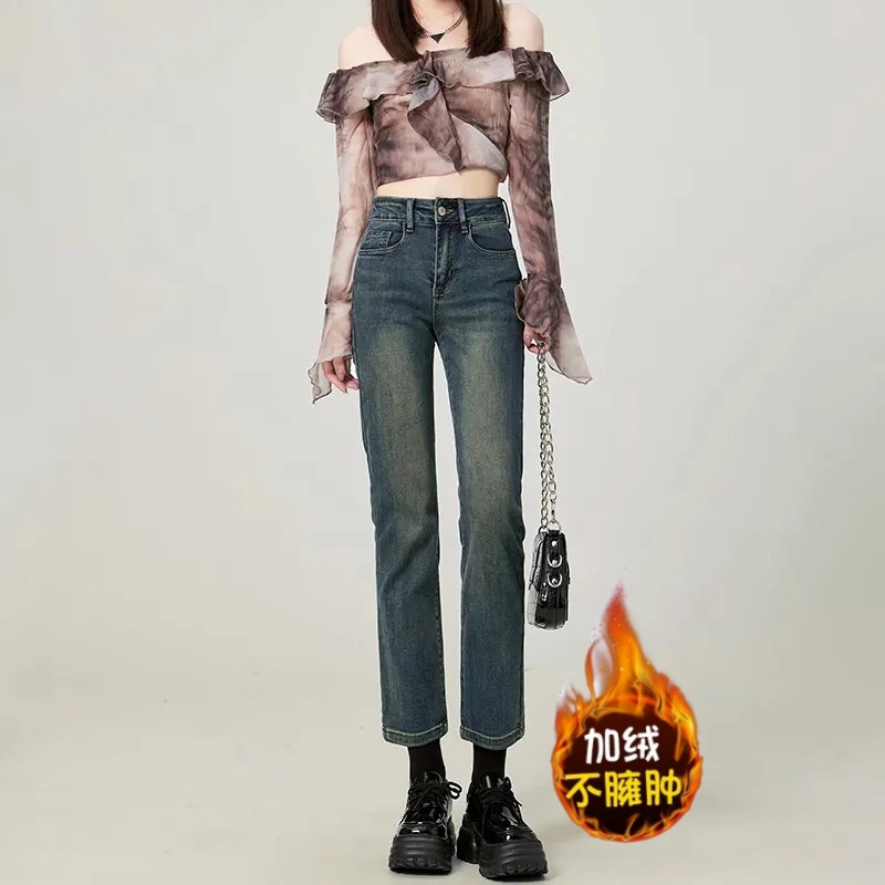 加绒加厚直筒牛仔裤女秋冬