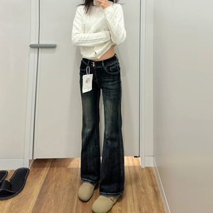 蓝灰色美式复古加绒微喇牛仔裤女2026新款春季加厚修身显瘦长裤子