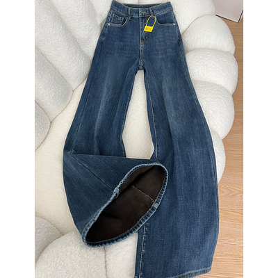 深蓝色加绒加厚微喇牛仔裤女