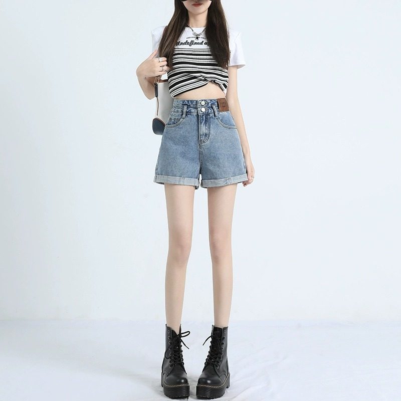 浅蓝色高腰牛仔短裤女2024年新款夏季宽松显瘦小个子阔腿a字热裤,女装/女士精品,牛仔裤,淘宝优惠券,粉丝福利购,淘宝优惠卷