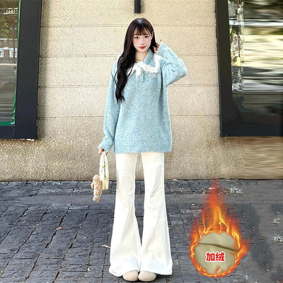 白色微喇牛仔裤女加绒加厚