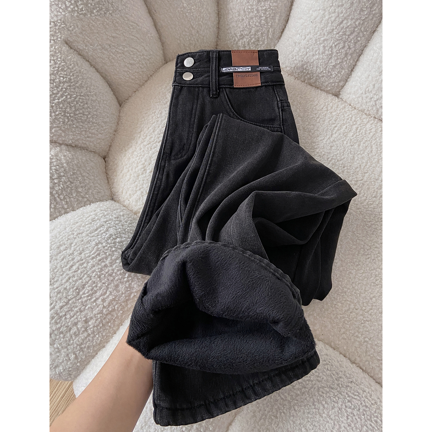 黑灰色加绒阔腿牛仔裤女秋冬