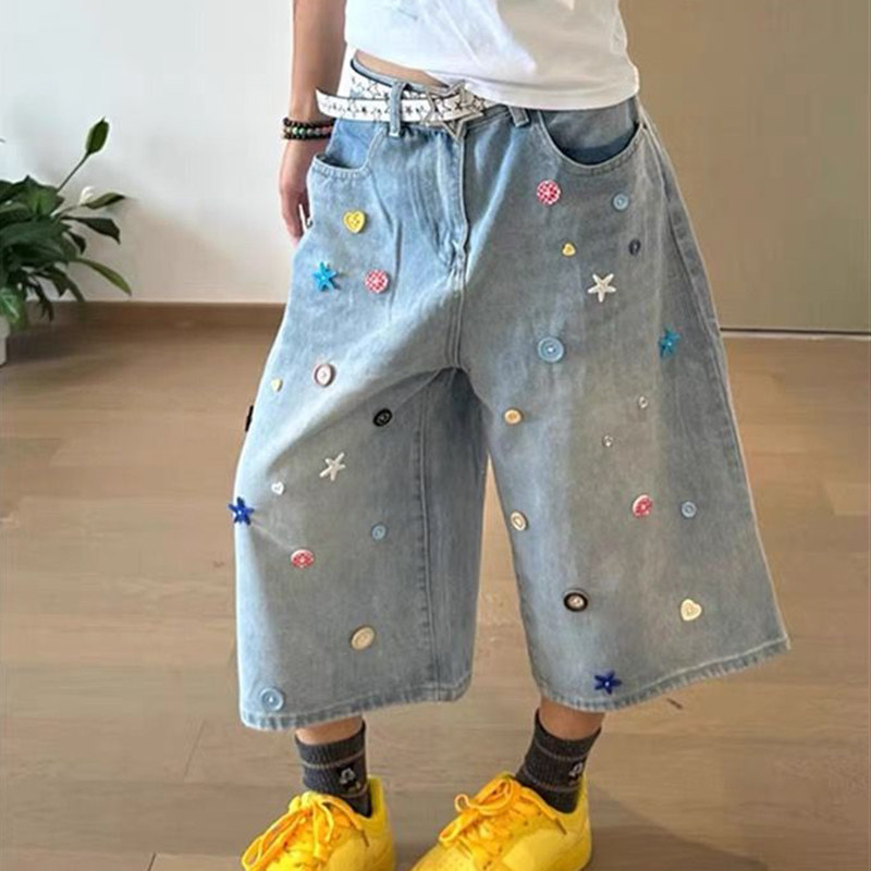 美式复古彩色纽扣牛仔短裤女图片