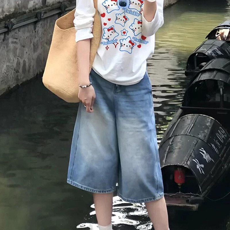 浅色牛仔裤七分裤女夏季2026新款高腰宽松阔腿休闲百搭小个子中裤