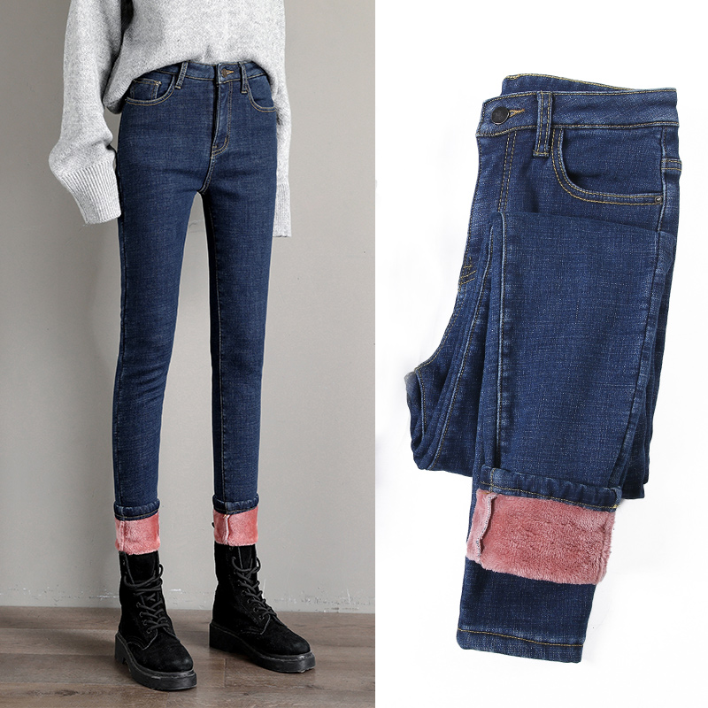 冬季加绒牛仔裤九分加厚外穿小脚