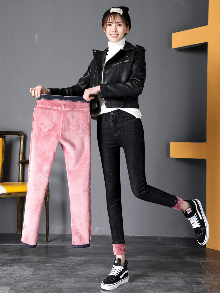 加绒加厚牛仔裤冬季显瘦高腰裤子