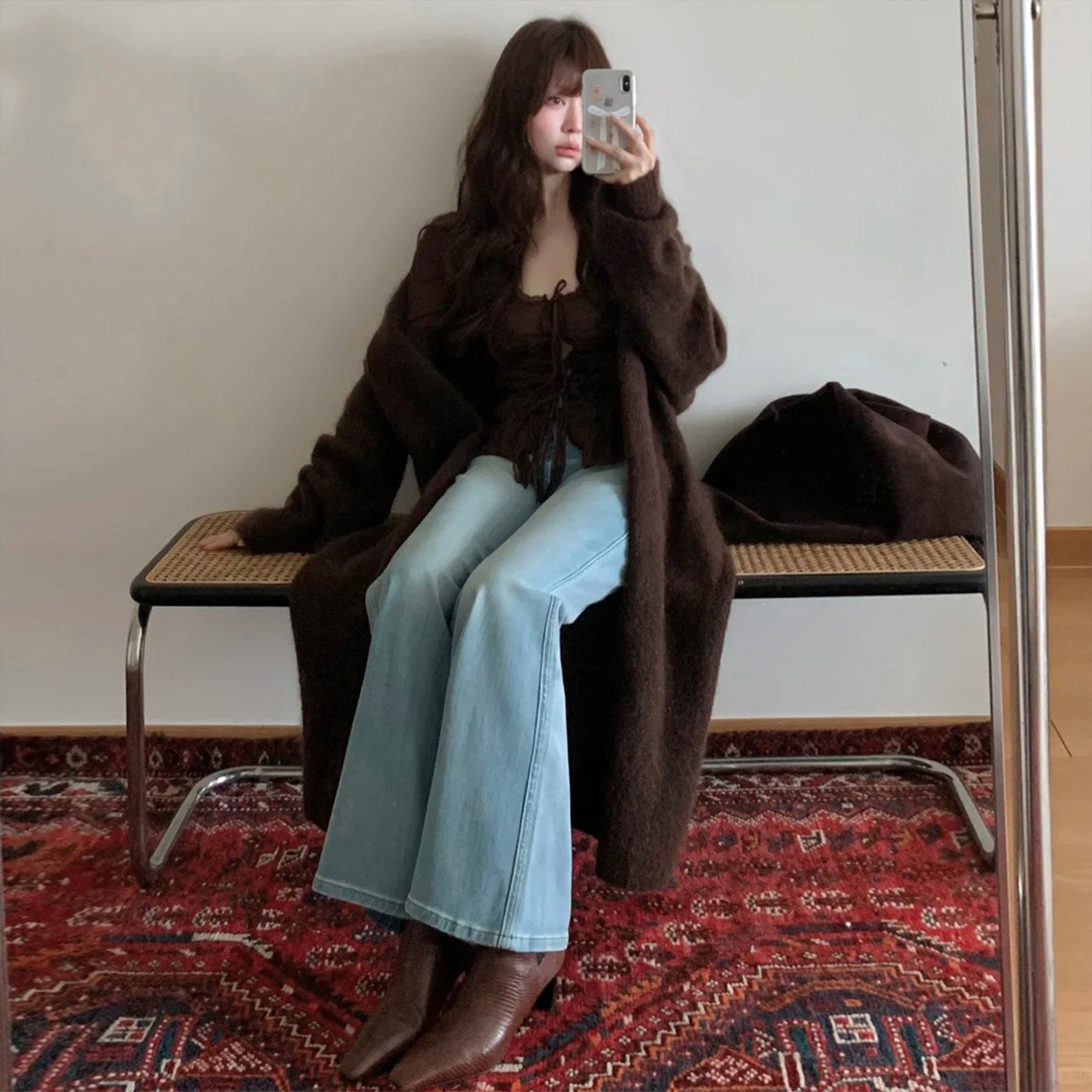 加绒加厚浅蓝色微喇牛仔裤女