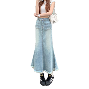 美式复毛边牛仔半身裙女夏季2024新款小个子中长款高腰鱼尾a字裙