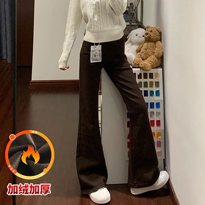 咖色加绒加厚微喇牛仔裤女