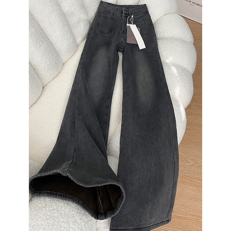 黑灰色加绒微喇牛仔裤女2025秋冬新款高腰显瘦弹力不贴腿喇叭裤子,女装/女士精品,牛仔裤,淘宝优惠券,粉丝福利购,淘宝优惠卷