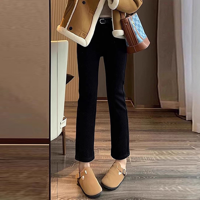 黑色加绒直筒牛仔裤女2025